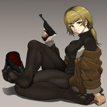 1girl absurdres black_pantyhose black_shoes black_sweater blonde_hair bomber_jacket breasts brown_jacket clenched_teeth commentary_request fear_&amp;_hunger_(series) fear_&amp;_hunger_2:_termina feet finger_on_trigger from_side full_body gradient_background grey_background gun hair_tie handgun highres holding holding_gun holding_weapon jacket karin_(fear_&amp;_hunger) large_breasts large_variant_set looking_at_viewer minami_no_uo-za no_pants no_shoes off_shoulder open_clothes open_jacket pantyhose ponytail revision shoes sitting soles solo sweater teeth toes unworn_shoes variant_set walther walther_p38 weapon yellow_eyes