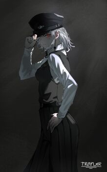 1girl absurdres artist_name black_background black_dress black_hat chainsaw_man closed_mouth dress earrings fami_(chainsaw_man) fourth_east_high_school_uniform grey_hair hat highres jewelry long_sleeves medium_hair peaked_cap pinafore_dress red_eyes school_uniform shirt sleeveless sleeveless_dress solo trayler white_shirt