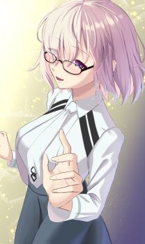 1girl black_skirt blush breasts commentary_request cowboy_shot eyes_visible_through_hair fate/grand_order fate_(series) glasses hair_over_one_eye highres jacket large_breasts mash_kyrielight necktie shirt short_hair skirt solo white_jacket white_necktie white_shirt yellow_background yowatari_party
