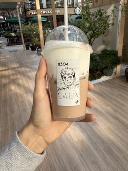 Rule 34 | 1boy, absurdres, beitemian, coffee, cup, drinking straw, highres, holding, holding cup, male focus, nipples, original, outdoors, pectorals, photo (medium), solo, starbucks