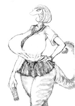 1girl 2b-ge breasts can female_focus furry furry_female hand_on_own_hip highres holding holding_can huge_breasts lizard_tail miniskirt monochrome original reptile_girl school_uniform serafuku skirt slit_pupils solo standing tail thick_thighs thighs white_background