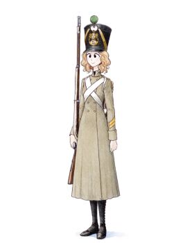 1girl :> backpack bag black_pantyhose black_shoes blonde_hair buttons closed_mouth commentary_request cross-eyed double-breasted dress flats full_body grey_dress gun hat highres holding holding_gun holding_weapon insignia long_neck military_hat original pantyhose pom_pom_hat_ornament rifle schpaghettizie1 shako_cap shoes short_hair simple_background smile soldier standing standing_at_attention tareme wavy_hair weapon white_background