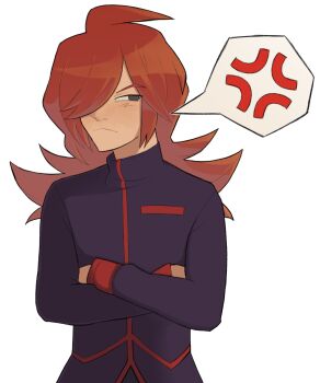 1boy anger_vein angry black_jacket closed_mouth crossed_arms hair_over_one_eye highres jacket looking_at_viewer male_focus nintendo one_eye_covered pokemon pokemon_hgss purple_eyes red_hair silver_(pokemon) simple_background solo speech_bubble spoken_anger_vein syneheart upper_body white_background