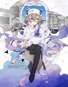 1girl animal_ears arknights beanie blue_pupils boots braid brown_hair commentary contrail_(arknights) ears_through_headwear glasses gradient_hair hat highres jixing long_hair multicolored_hair purple_eyes purple_hair purple_scarf rectangular_eyewear red-framed_eyewear scarf semi-rimless_eyewear smile solo squirrel_ears squirrel_tail tail twin_braids white_hat
