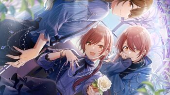 3girls alstroemeria_(idolmaster) belt brown_eyes brown_hair center_frills chair earrings flower frills game_cg hand_on_own_face holding idolmaster idolmaster_shiny_colors idolmaster_shiny_colors_song_for_prism jewelry kuwayama_chiyuki leaf multiple_girls neck_ribbon official_art open_mouth osaki_amana osaki_tenka red_hair ribbon ring smile window yellow_eyes