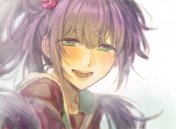 Rule 34 | 1girl, aqua neckerchief, flower, green eyes, grin, hair bun, hair ornament, happy, hasu no sora school uniform, highres, link! like! love live!, long hair, love live!, neckerchief, otomune kozue, purple hair, red flower, school uniform, side ponytail, sidelocks, simple background, single side bun, smile, tassel, tassel hair ornament, zenma trang