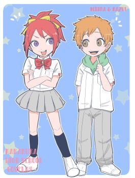 Rule 34 | 1boy, 1girl, abarai ichika, black socks, bleach, bleach: epilogue, bow, bowtie, brown eyes, character name, commentary request, green hoodie, grey skirt, hair ribbon, hood, hoodie, ikuno taso, karakura high school uniform, kurosaki kazui, miniskirt, open mouth, orange hair, purple eyes, red bow, red bowtie, red hair, ribbon, school uniform, shirt, shoes, skirt, smile, socks, untucked shirt, white shoes