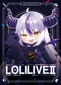 1girl :d aged_down ahoge black_horns black_shirt blue_background blush commentary_request grey_hair hair_between_eyes hand_up highres hololive horns la+_darknesss long_hair long_sleeves looking_at_viewer multicolored_hair noi_mine open_mouth purple_hair shirt sleeves_past_fingers sleeves_past_wrists smile solo streaked_hair two-tone_hair upper_body virtual_youtuber yellow_eyes