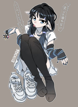 1boy :p artist_name black_hair black_nails black_thighhighs blue_eyes bremen_(ergot) cellphone cellphone_charm charm_(object) closed_mouth commentary_request crossdressing crossdressing_(mtf) dress earrings ergot full_body hoop_earrings jewelry long_hair looking_at_viewer on_floor original phone pointy_ears shoes smartphone sneakers thighhighs tongue tongue_out translation_request trap union_jack white_dress white_shoes