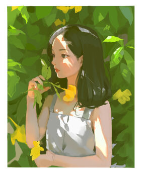 1girl asian black_eyes black_hair border closed_mouth commentary_request day flower forehead goldpair hand_up highres holding holding_flower korean_commentary original outdoors red_lips shadow shirt sleeveless sleeveless_shirt solo upper_body white_border white_shirt