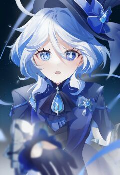 1girl :o ascot black_ascot black_gloves blue_bow blue_eyes blue_gemstone blue_hair blue_hat blue_jacket blue_ribbon blurry blurry_foreground blush bow brooch commentary_request cowlick depth_of_field drop-shaped_pupils eyelashes furina_(genshin_impact) gem genshin_impact gloves hair_between_eyes hair_intakes half_gloves hand_up hat hat_bow heterochromia highres jacket jewelry lapels light_particles long_sleeves looking_at_viewer multicolored_hair open_clothes open_jacket open_mouth ribbon short_hair sidelocks solo streaked_hair swept_bangs symbol-shaped_pupils tilted_headwear top_hat upper_body white_hair yukiusagi_(snowrabbit0508)