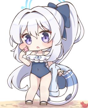 1girl absurdres bare_shoulders blue_archive blue_halo blue_one-piece_swimsuit bow casual_one-piece_swimsuit chibi commentary_request covered_navel crab frilled_one-piece_swimsuit frills full_body hair_bow halo highres innertube jacket long_hair looking_at_viewer miyako_(blue_archive) miyako_(swimsuit)_(blue_archive) off-shoulder_one-piece_swimsuit off_shoulder official_alternate_costume one-piece_swimsuit ponytail purple_eyes simple_background solo standing swim_ring swimsuit unworn_jacket white_background white_hair yuuhikureroom6