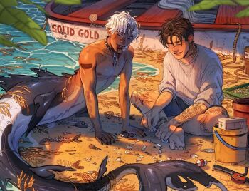 2boys ? arm_support arm_tattoo bandage_on_face bandages bandaid bandaid_on_arm beach black_nails blood blood_on_face blue_shorts boat broken broken_chain brown_hair bucket chain chain_leash closed_eyes collar commentary crossed_legs day dotswap earrings english_commentary english_text fin_piercing fins first_aid_kit fish_skeleton fish_tail fishing_bobber fishing_rod hands_on_ground holding holding_shell holding_skeleton jewelry kneeless_mermaid leash leg_tattoo male_focus merman monster_boy multiple_boys neck_tattoo nipples nude ocean on_ground original outdoors parted_lips ripples rock rope sand scar scar_on_chest scar_on_tail seashell seaweed shadow shark_boy shark_tail sharp_teeth shell shirt shore short_hair shorts sitting sleeves_rolled_up speech_bubble spiked_collar spikes sunlight tail tattoo teeth watercraft white_hair white_shirt yaoi