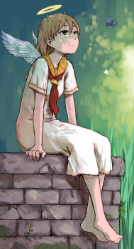 1girl absurdres barefoot blue_butterfly brown_eyes brown_hair bug butterfly commentary_request day flower full_body haibane_renmei halo highres insect light_smile moss naotan neckerchief outdoors rakka_(haibane_renmei) red_neckerchief sailor_collar shirt short_hair sitting_on_wall solo white_shirt white_wings wings