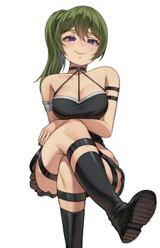 1girl absurdres ahaha_kun armband arms_under_breasts bare_shoulders black_choker blush boots breasts choker cleavage closed_mouth collarbone crossed_arms crossed_legs full_body green_hair hair_between_eyes highres invisible_chair knee_boots long_hair looking_at_viewer medium_breasts ponytail purple_eyes side_ponytail sidelocks simple_background sitting smile solo sousou_no_frieren thigh_strap thighs ubel_(sousou_no_frieren) white_background