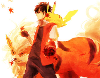 Rule 34 | 1boy, arcanine, bad id, bad pixiv id, baseball cap, black hair, gen 1 pokemon, hat, leaf, male focus, nintendo, nitsui (nakigao), pikachu, pixiv red, pokemon, pokemon (creature), red (pokemon), red eyes, short hair, smile