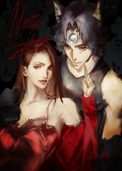 1boy 1girl animal_ears black_eyes black_hair breasts brown_hair character_name cleavage commentary crescent dress ellieaedon english_commentary expressionless fangs forehead_jewel fox_ears grin hand_on_another&#039;s_face hand_on_another&#039;s_shoulder highres long_hair looking_at_viewer muscular muscular_male noctis_(shadow_slave) red_dress shadow_slave short_hair smile solvane_(shadow_slave) tank_top upper_body