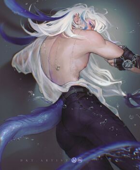 1boy arm_out_of_sleeve artist_name artistdkt ass back black_pants blue_eyeliner blue_hair blurry bracelet chain clothes_down commentary covered_mouth cowboy_shot depth_of_field dragon_tail drunk earclip earrings english_commentary eyeliner fingerless_gloves flipped_hair from_behind genshin_impact glint gloves grabbing_another's_arm grey_background highres jewelry lizard_tail long_hair long_sleeves looking_at_another looking_to_the_side low-tied_long_hair makeup motion_blur multicolored_hair multiple_rings neuvillette_(genshin_impact) nipples open_clothes open_shirt out_of_frame outstretched_arm pants pointy_ears pulling red_eyes ring shirt solo_focus streaked_hair tail tight_clothes tight_pants very_long_hair water wet wet_clothes wet_shirt white_hair white_shirt