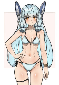 1girl abs aqua_hair arthur_ko bikini blush bracelet breasts closed_mouth collarbone commentary_request cowboy_shot gluteal_fold hand_on_own_hip highres jewelry kantai_collection layered_bikini long_hair looking_at_viewer murakumo_(kancolle) navel necklace orange_eyes ribbon short_eyebrows side-tie_bikini_bottom sidelocks simple_background small_breasts smile solo swimsuit thigh_strap white_bikini