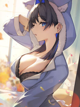 1girl absurdres animal_ear_fluff animal_hood arm_up black_hair blue_eyes blue_hair blue_hoodie breasts cat cat_hood colored_inner_hair highres hood hoodie irroi large_breasts multicolored_hair open_mouth ouro_kronii solo two-tone_hair upper_body