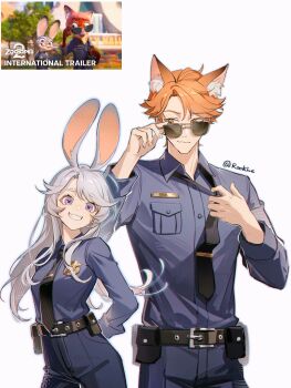 1boy 1girl :3 absurdres adjusting_eyewear animal_ears animification belt black_belt black_necktie blue_pants blue_shirt breasts chinese_commentary commentary_request cowboy_shot derivative_work fox_boy fox_ears grey_hair grin height_difference highres humanization judy_hopps long_hair necktie nick_wilde orange_hair pants police police_badge police_uniform policeman policewoman purple_eyes rabbit_ears rabbit_girl reference_inset rookive12 screenshot_inset screenshot_redraw shirt simple_background small_breasts smile standing sunglasses swept_bangs white_background zootopia