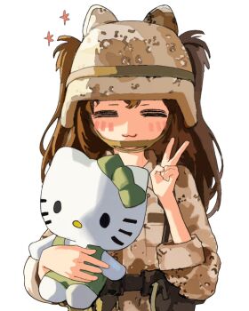 1girl 3d :3 animal_helmet blush bow brown_hair camouflage closed_eyes collared_jacket desert_camouflage explosive green_bow grenade hair_between_eyes hand_up hello_kitty hello_kitty_(character) helmet highres holding holding_stuffed_toy jacket kok_kok_kio long_hair military_combat_uniform military_uniform sanrio simple_background sleeves_rolled_up solo star_(symbol) stuffed_toy v white_background