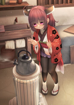 1girl bad_id bad_pixiv_id black_pantyhose blush brown_hair commentary_request faucet full_body hanten_(clothes) highres indoors japanese_clothes kerosene_heater kettle kimono light_particles medium_hair microskirt ne_an_ito pantyhose pink_eyes purple_skirt sandals short_kimono sink skirt socks socks_over_pantyhose solo standing steam tabi touhoku_kiritan twintails undershirt voiceroid warming_hands white_kimono white_socks zouri
