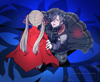 1boy 1girl black_cape black_hair blue_background brown_hair cape commentary_request curly_hair edelgard_von_hresvelg edelgard_von_hresvelg_(young) fire_emblem fire_emblem:_three_houses fire_emblem_warriors:_three_hopes bad_tag from_above from_behind gloves hair_over_one_eye hair_ribbon highres hubert_von_vestra kneeling long_hair long_sleeves looking_up nintendo open_mouth purple_ribbon red_cape ribbon short_hair standing sweatdrop twintails uluchi_rice white_gloves