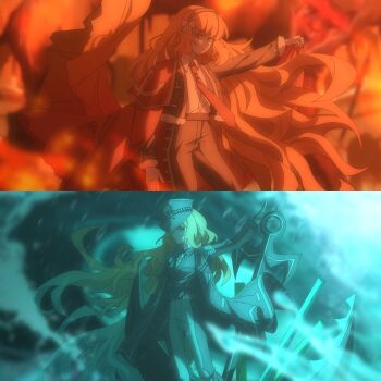 1girl anchor aqua_necktie aqua_theme belt black_belt black_gloves black_hat black_pants blind_obsession_(e.g.o) blue_theme bow capote_(e.g.o) collared_shirt cropped_jacket e.g.o_(project_moon) gloves hair_bow hat highres ishmael_(project_moon) limbus_company long_hair looking_at_viewer matador military_hat multiple_views necktie orange_hair orange_theme pants project_moon rain red_necktie shepherd_nomads shirt sidelocks split_screen storm very_long_hair white_bow white_shirt