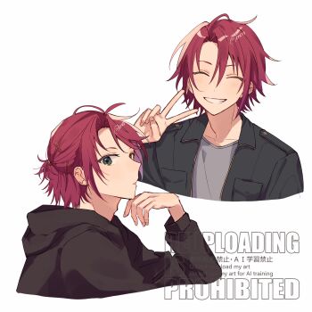 1boy clenched_teeth collared_jacket commentary_request cropped_torso ensemble_stars! facing_viewer fingernails green_eyes grey_shirt hair_ornament hairpin hand_up highres isara_mao jacket long_sleeves looking_at_viewer male_focus multiple_views parted_lips purple_hair shirt short_hair sideways_glance simple_background smile teeth twitter_username v watermark white_background zu_tonatuyasumi