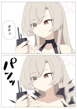 1girl absurdres black_one-piece_swimsuit blue_archive brown_hair collarbone controller exploding_clothes halo highres holding holding_remote_control ikurage_(namakurage_13) long_hair nagisa_(blue_archive) nagisa_(swimsuit)_(blue_archive) official_alternate_costume one-piece_swimsuit remote_control solo swimsuit upper_body yellow_eyes