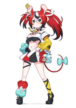 1girl absurdres animal_ears asymmetrical_legwear asymmetrical_sleeves black_gloves black_shoes black_skirt black_streaks blue_eyes blue_sleeves bow closed_mouth collar crop_top dice_hair_ornament gloves hair_ornament hakos_baelz hakos_baelz_(1st_costume) highres hololive hololive_english jewelry key key_necklace leg_warmers long_hair mismatched_legwear mismatched_sleeves mouse_ears mouse_girl mouse_tail mousetrap multicolored_skirt navel necklace red_hair red_leg_warmers red_skirt shirt shoes single_glove skirt snowmya socks solo spiked_collar spikes tail tail_bow tail_ornament twintails virtual_youtuber white_shirt white_skirt white_streaks yellow_sleeves yellow_socks