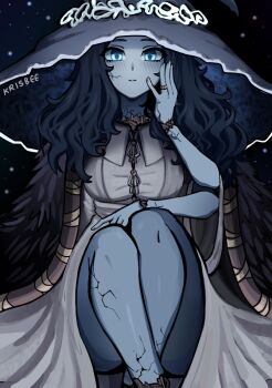 blaidd_the_half-wolf blue_eyes blue_hair blue_skin cape cloak colored_skin cracked_skin crossed_legs doll_joints elden_ring extra_arms extra_faces fromsoftware fur_cape fur_cloak hat joints knees_up krisbee large_hat night ranni_the_witch sky star_(sky) starry_sky witch witch_hat