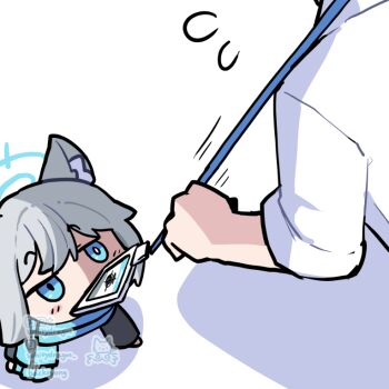 1boy 1girl animal_ears artist_logo artist_name blue_archive blue_archive_the_animation blue_eyes blue_halo blue_scarf blush_stickers chibi deviantart_username flying_sweatdrops grey_hair halo id_card instagram_username jitome lanyard logo mouth_hold pixiv_username pulling scarf sensei_(blue_archive) sensei_(blue_archive_the_animation) shadow shiroko_(blue_archive) simple_background tumblr_username twitter_username watermark white_background whitydragon wolf_ears