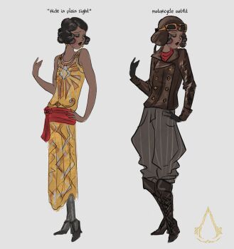 Rule 34 | 1girl, alternate costume, baggy pants, black boots, black gloves, black hair, black lips, boots, brown jacket, closed eyes, curly hair, dark-skinned female, dark skin, dress, english text, eyeshadow, eyewear on head, gloves, hand on own hip, hand up, helmet, index finger raised, jacket, makeup, multiple views, original, pants, popped collar, red shirt, shirt, simple background, waistband, white background, yellow dress, zandra