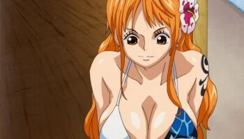 10s 1girl 2016 animated animated_gif anime_screenshot bikini bouncing_breasts breasts cleavage female_focus flower hair_ornament happy large_breasts long_hair nami_(one_piece) one_piece one_piece_special:_episode_0 orange_hair shiny_skin sparkle sparkling_eyes swimsuit tagme tattoo thong thong_bikini wide-eyed