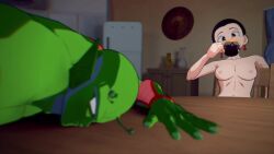 1boy 1girl 3d alien animated anime_screenshot antennae bald black_hair breasts cheating_(relationship) chi-chi_(dragon_ball) colored_skin completely_nude dragon_ball dragonball_z green_skin hair_ornament hetero highres house instant_loss interior interspecies medium_breasts muscular muscular_male netorare nipples no_nipples nude pectorals piccolo sex sex_from_behind sleeping sound tea vaginal video wallimog