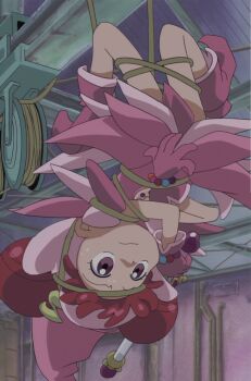Rule 34 | 1girl, anime screenshot, double bun, dress, entangled, gloves, hair bun, harukaze doremi, hat, highres, holding, holding wand, magical girl, ojamajo doremi, pink dress, pink eyes, pink footwear, pink gloves, pink headwear, pointy footwear, red hair, rope, stitched, third-party edit, upside-down, wand, witch hat