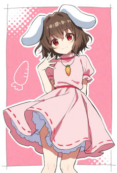 1girl animal_ears brown_hair carrot_necklace closed_mouth commentary cowboy_shot dress inaba_tewi jewelry looking_at_viewer mauve necklace pink_background pink_dress puffy_short_sleeves puffy_sleeves rabbit_ears rabbit_girl red_eyes red_ribbon ribbon ribbon-trimmed_dress ribbon_trim short_hair short_sleeves smile solo symbol-only_commentary touhou