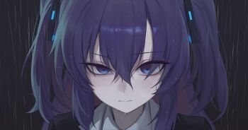 1girl absurdres black_jacket blue_archive closed_mouth collared_shirt commentary expressionless hair_between_eyes heine_(haloo1101) highres jacket long_hair looking_at_viewer portrait purple_eyes purple_hair rain raised_eyebrow red_pupils school_uniform shirt sidelocks solo symbol-only_commentary two_side_up wet white_shirt yuuka_(blue_archive)