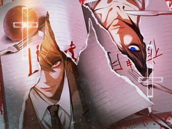 2boys apple bags_under_eyes black_hair black_jacket black_necktie blue_eyes brown_hair closed_mouth collarbone collared_shirt death_note death_note_(object) food fork fruit hair_between_eyes highres jacket jianjiananan l_(death_note) light_smile male_focus multiple_boys necktie notebook red_eyes shirt short_hair upper_body white_shirt yagami_light