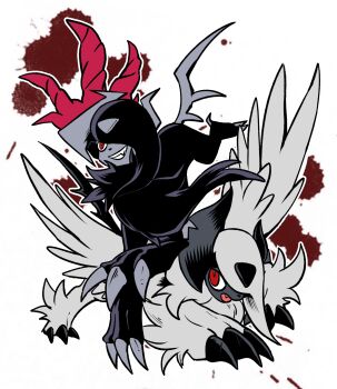 Rule 34 | 2others, absol, absurdres, asymmetrical horns, black fur, blood, blood splatter, claws, fang, feathered wings, gen 3 pokemon, hair over one eye, highres, horns, mega absol, mega absol z, mega pokemon, multiple others, nintendo, oe (yamifuti), pokemon, pokemon (creature), red eyes, red wings, simple background, smile, uneven horns, white fur, white wings, wings