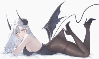 1girl absurdres arm_rest ass bare_shoulders bed bed_sheet black_horns black_leotard blush breasts brown_pantyhose cake_walker closed_mouth commentary demon_girl demon_horns demon_tail demon_wings elbow_rest english_commentary feet_up from_side green_eyes hair_between_eyes hand_on_own_cheek hand_on_own_face head_tilt high_heels highres hooked_on_heel horns lace_pantyhose_hooked_on_heel_(meme) large_breasts legs leotard long_hair looking_at_viewer low_wings meme mole mole_under_eye on_bed original pantyhose pointy_ears sideboob simple_background smile solo strapless strapless_leotard tail thea_(nekojira) thighband_pantyhose thighs turning_head very_long_hair white_background white_hair wings