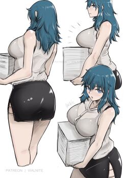 1girl alternate_costume ass black_skirt blue_eyes blue_hair bra_visible_through_clothes breasts female_byleth_(fire_emblem) commentary english_commentary fire_emblem fire_emblem:_three_houses from_behind from_side highres large_breasts long_hair miniskirt multiple_views nintendo paper_stack patreon_username pencil_skirt shirt skirt vialnite white_background white_shirt