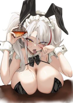 1girl alcohol animal_ear_hairband animal_ears azur_lane blush bow breasts bust_cup cup drinking_glass fake_animal_ears fingernails hairband highres huge_breasts long_fingernails long_hair multicolored_hair playboy_bunny prinz_eugen_(azur_lane) prinz_eugen_(between_tipsiness_and_a_wager)_(azur_lane) rabbit_ear_hairband rabbit_ears satou_daiji streaked_hair tongue tongue_out twintails wakamezake white_background white_hair yellow_eyes