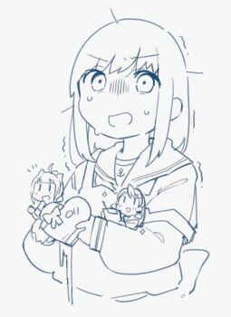 Rule 34 | 3girls, absurdres, akashi (kancolle), anchor print, apron, box, chocolate, clipboard, commentary request, cropped torso, fubuki (kancolle), gift, hair down, heart-shaped box, highres, holding, holding box, holding gift, kantai collection, long sleeves, looking at viewer, ma rukan, medium hair, melting, mini person, minigirl, monochrome, motion lines, multiple girls, neckerchief, nervous, nervous sweating, open mouth, peanut mouth, sailor collar, sidelocks, signature, simple background, sketch, sweat, upper body, valentine, yuubari (kancolle)