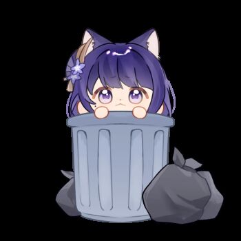 1girl animal_ears animated animated_gif blunt_bangs cat_ears chibi chibi_only chinese_commentary closed_mouth crying genshin_impact hair_ornament hands_up jiokexiansheng long_hair looking_at_viewer looping_animation mole mole_under_eye open_mouth purple_eyes purple_hair raiden_shogun sad simple_background solo tearing_up tears trash_bag trash_can white_background