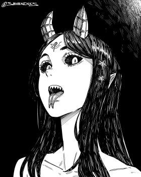 1girl bare_shoulders collarbone colored_sclera commentary demon_girl demon_horns facial_mark forehead_mark forked_tongue greyscale hair_ornament hatching_(texture) highres horns instagram_username linear_hatching long_hair long_neck monochrome original pointy_ears portrait seveninks slit_pupils solo star_(symbol) star_hair_ornament tongue tongue_out v-shaped_eyebrows