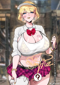 1girl animal_print belt bikini blonde_hair blue_eyes blush bow bowtie bracelet breasts cleavage collared_shirt earrings eyeshadow gyaru hair_ornament hairclip highleg highres holding holding_leash huge_breasts jewelry kuook leash leopard_print lipstick looking_at_viewer makeup microskirt midriff miniskirt nail_polish navel necklace original plaid plaid_clothes plaid_skirt pleated_skirt pov red_bow red_bowtie school_uniform shirt short_hair skirt smile solo swimsuit tattoo underwear viewer_on_leash visor_cap white_shirt yellow_eyeshadow yellow_lips yellow_makeup yellow_nails