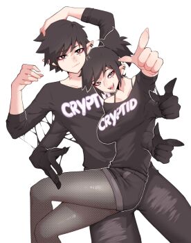 Rule 34 | 1boy, 1girl, black eyes, black hair, black shirt, breasts, bright pupils, cowboy shot, ear piercing, extra arms, fishnet pantyhose, fishnets, highres, large breasts, luxu, mole, mole under eye, multiple moles, original, pantyhose, piercing, pointy ears, ponytail, shirt, short hair, simple background, white background, white pupils